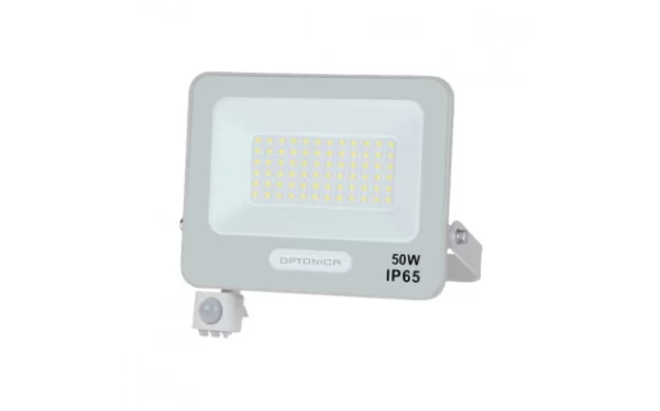 LED SMD FLOODLIGHT WHITE 50W 90lm/W AC180-265V 120° IP65 4000K + SENSOR – 15cm CABLE